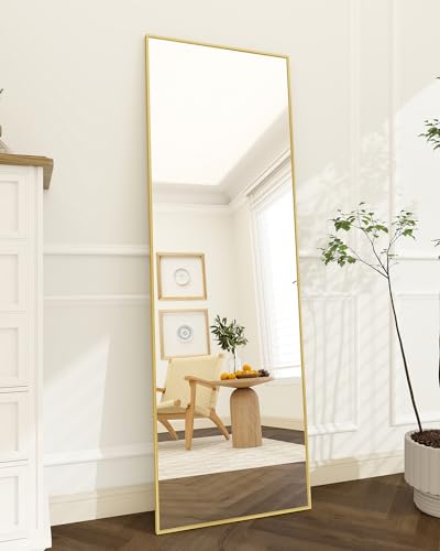 Koonmi 140 × 40 cm minimalistische Rahmen Standspiegel, Solider Ganzkörperspiegel frei stehend, leicht Spiegel in voller Länge Aufhängen an der Wand horizontal oder vertikal, Gold von Koonmi