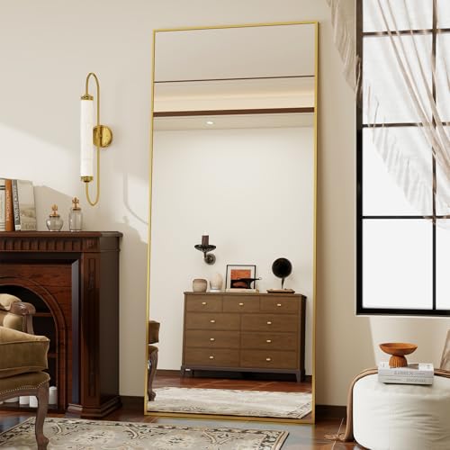 Koonmi 171 x 76 cm Standspiegel, robust Ganzkörperspiegel mit minimalistische schmaler Aluminiumrahmen, modern großer Wandspiegel stehend oder hängend für Wohnzimmer und Schlafzimmer, Gold von Koonmi