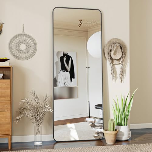 Koonmi Standspiegel mit abgerundeten Ecken, 53 x 163 cm runden Ecken Ganzkörperspiegel mit Ständer, großer Fußboden Standspiegel Ganzkörperspiegel Wand Hänger für Schlafzimmer, Wohnzimmer, Schwarz von Koonmi