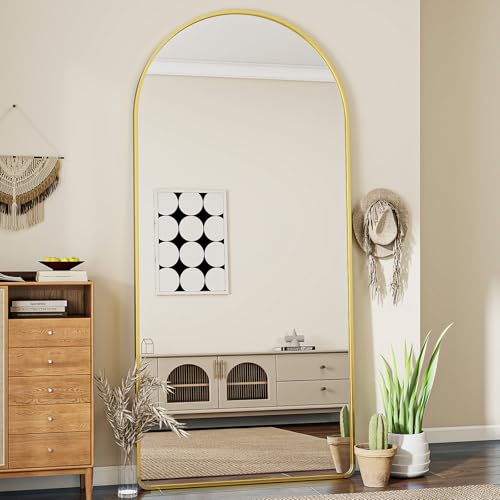 Koonmi 76 x 171 cm Gewölbter Top Ganzkörperspiegel mit Runden Ecken - Ganzkörperspiegel Groß Frei Stehend-Hängend-Lehnend, Boden Standspiegel als Ankleidespiegel für Wohnzimmer, Gold von Koonmi