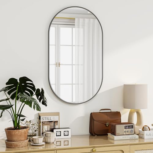 Koonmi Oval Badspiegel Schwarz, 56 x 96 cm Oval Wandspiegel aus gehärtetem Glas, Eitelkeitsspiegel ohne Verzerrung, horizontal oder vertikal hängend für Schlafzimmer, Eingangsbereich, Wohnzimmer von Koonmi