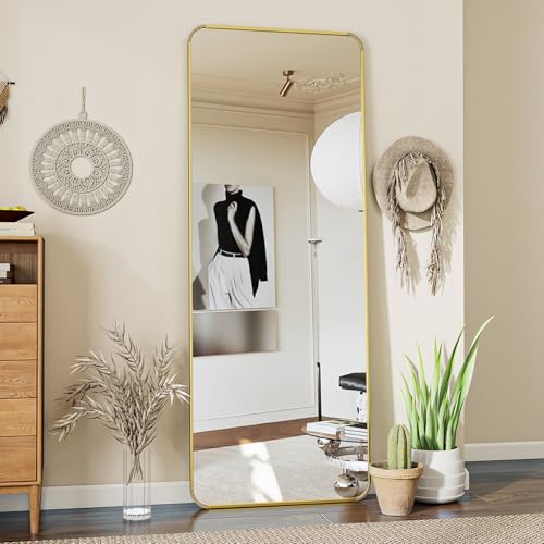 Koonmi Standspiegel mit abgerundeten Ecken, 53 x 163 cm runden Ecken Ganzkörperspiegel mit Ständer, großer Fußboden Standspiegel Ganzkörperspiegel Wand Hänger für Schlafzimmer, Wohnzimmer, Gold von Koonmi