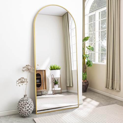 Koonmi Standspiegel mit gewölbtem Top, 171 x 76 cm Groß Bogenspiegel mit robustem Glas, an der Wand montierter Ganzkörperspiegel, Anlehnen oder Freie Platzierung mit Klammer, Gold von Koonmi