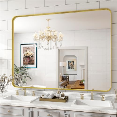 Koonmi Tiefer Rahmen Wandspiegel, 120 x 90 cm Luxus High-End Rechteckiger Badezimmerspiegel, Filetierte Ecke Rahmen Spiegel Horizontal Oder Vertikal Aufgehängt, Gold von Koonmi