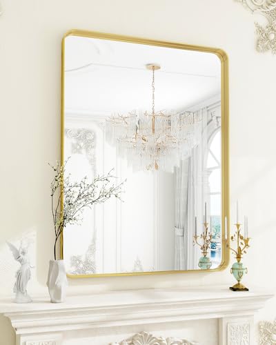Koonmi Tiefer Rahmen Wandspiegel, 90 x 60 cm Luxus High-End Rechteckiger Badezimmerspiegel, Filetierte Ecke Rahmen Spiegel Horizontal Oder Vertikal Aufgehängt, Gold von Koonmi