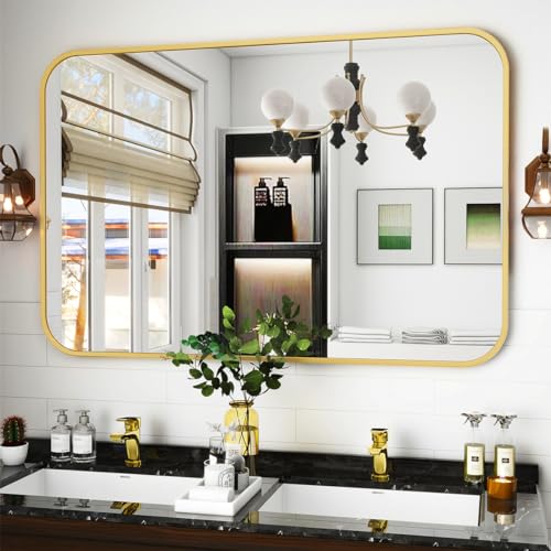 Koonmi Wandspiegel Gold, 75x122 cm Badezimmerspiegel mit runder Ecke, Morden Spiegel Wand mit Rahmen aus Aluminiumlegierung für Wand montiert horizontal oder vertikal, Gold von Koonmi