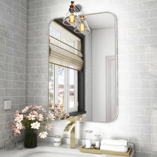 Koonmi Wandspiegel Silber 51x71 cm Badezimmerspiegel mit runder Ecke, Morden Spiegel Wand mit Rahmen aus Aluminiumlegierung für Wand montiert horizontal oder vertikal, Silber von Koonmi