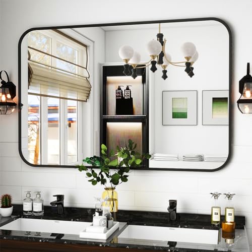 Koonmi Wandspiegel schwarz, 75x122 cm Badezimmerspiegel mit runder Ecke, Morden Spiegel Wand mit Rahmen aus Aluminiumlegierung für Wand montiert horizontal oder vertikal, Schwarz von Koonmi