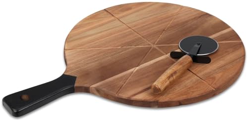 Pizza Schneidebrett mit Pizzaschneider Pizzaroller mit Holzbrett mit Griff Rund 2-teilig Ø 30cm von Koopman International b.v