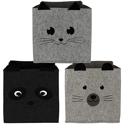 Koopman Aufbewahrungskorb Filz 32x32x32cm Aufbewahrungsbox 3er Set Kinder Faltbox Tier Motive Box Ordnungsbox Faltboxenset Aufbewahrung Boxen, Grau/Schwarz von Koopman