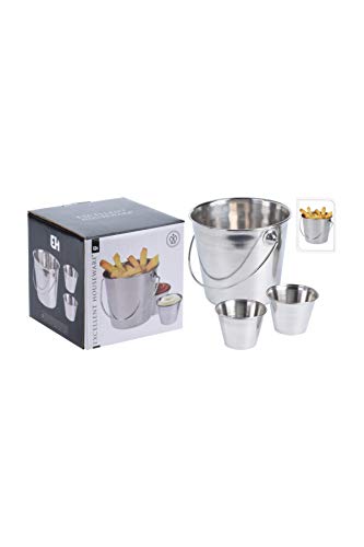 Fritten Servier Set Edelstahl Eimer mit Griff 11cm für Pommes und 2x Dipschalen 5,5cm für Mayo und Ketchup von Koopman International