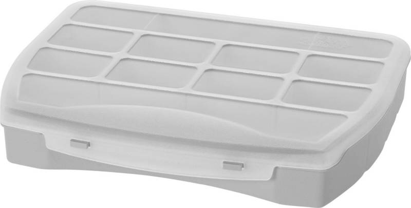 Koopman Aufbewahrungsbox Multibox Sortierbox Bastelbox Schraubenbox Haushaltsbox 12 Fächer (1 St), Grau, Klappdeckel, 25x20x4cm, Robust, Durchsichtig von Koopman