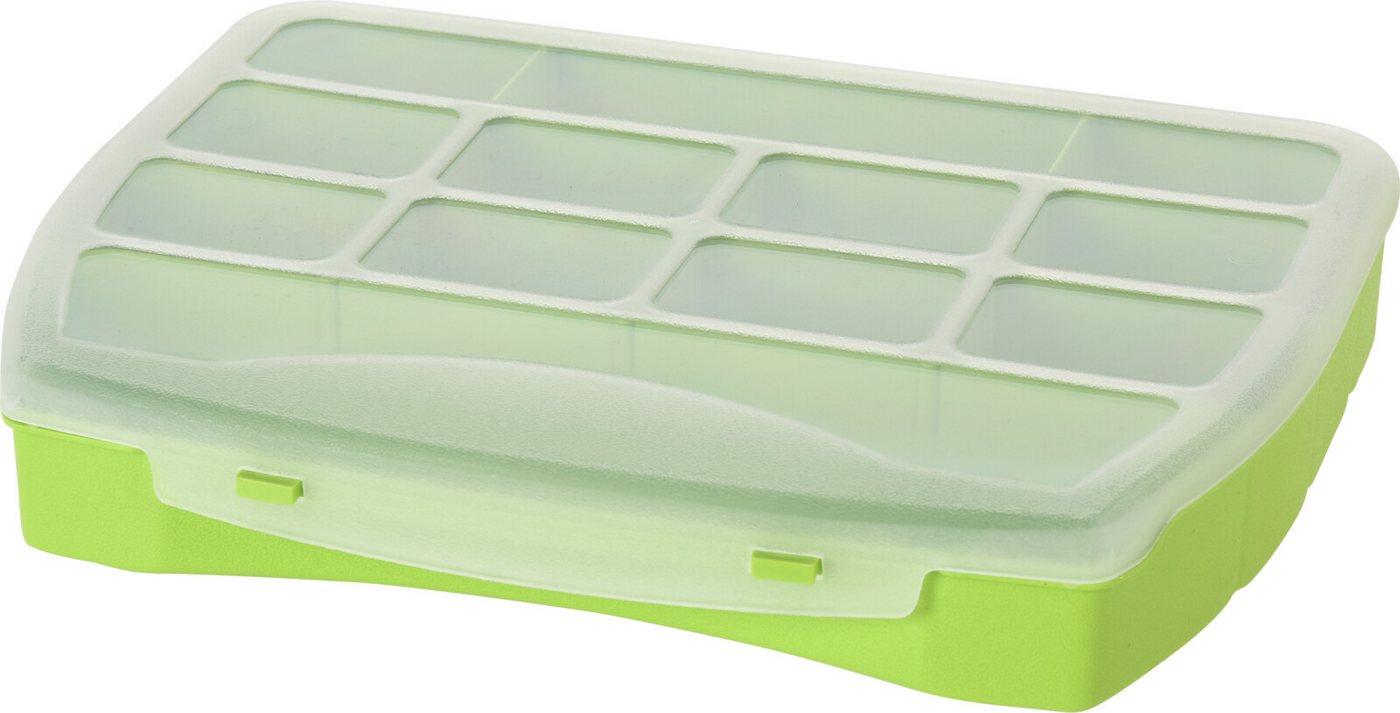 Koopman Aufbewahrungsbox Multibox Sortierbox Bastelbox Schraubenbox Haushaltsbox 12 Fächer (1 St), Grün, Klappdeckel, 25x20x4cm, Robust, Durchsichtig von Koopman