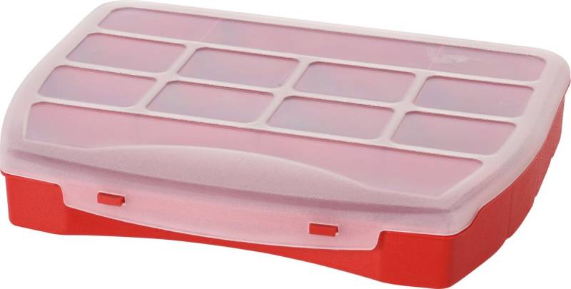 Koopman Aufbewahrungsbox Multibox Sortierbox Bastelbox Schraubenbox Haushaltsbox 12 Fächer (1 St), Rot, Klappdeckel, 25x20x4cm, Robust, Durchsichtig von Koopman