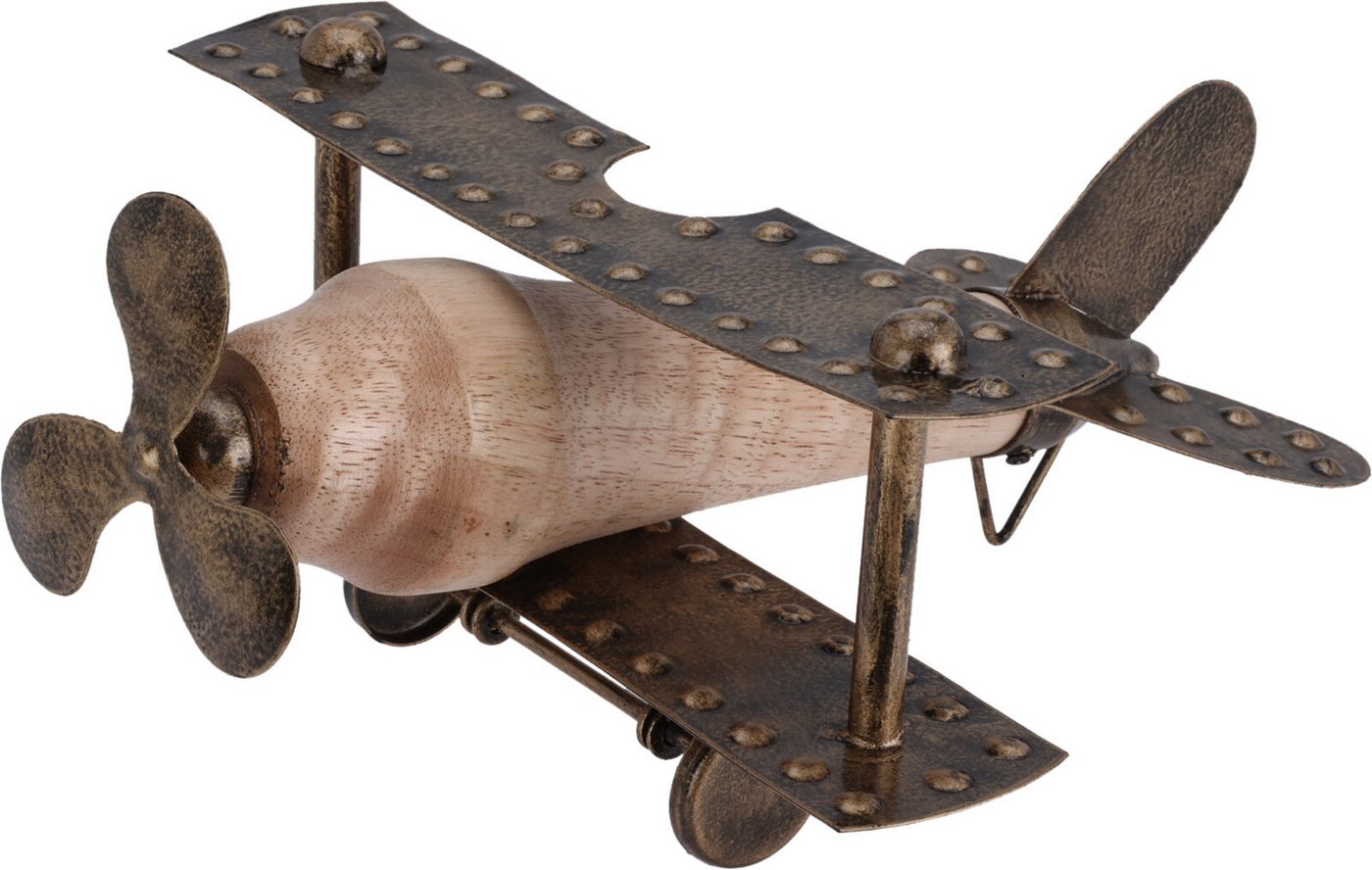 Koopman Dekofigur Braun (1 St), Flugzeug, Holzfigur, Doppeldecker, Dekoration, Propeller von Koopman