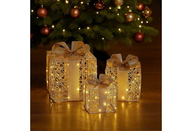 Koopman Dekoobjekt Weihnachtsgeschenke Weihnachtsdeko 90 LED´s Gold 3er Set (3 St), 3 Größen, 20x20x24cm, 25x25x30cm, 15x15x17,5cm, Batteriebetrieb von Koopman