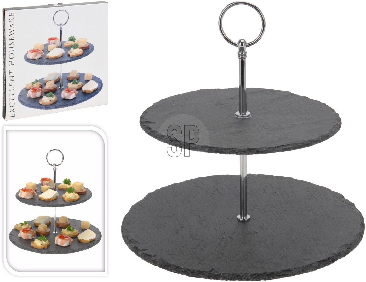 Koopman Etagere Servierständer 2 Etagen Ablage Schiefer Griff Demontiert, Schiefer, (1-tlg), 2 Etagen, Servierständer, Schiefer, Keksständer, Anrichte von Koopman