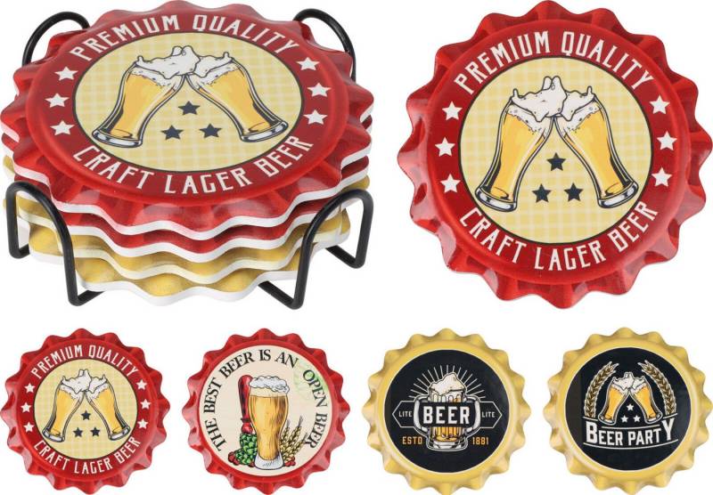 Koopman Getränkeuntersetzer Glasuntersetzer Untersetzer Tassenuntersetzer Ø11cm, 5-tlg., 7tlg, Bier-Motive, inkl. Ständer, Keramik, Korkuntersatz von Koopman