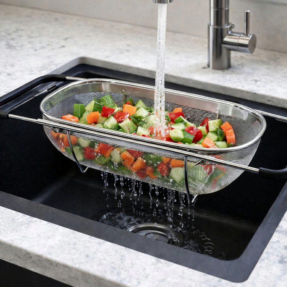 Koopman Küchensieb Spülbeckensieb Nudelsieb Abtropfsieb 36x24cm Edelstahl Ausziehbar, Edelstahl, (1-St), verstellbar von 36-56cm, gummierte Griffe, Rostfrei, Praktisch von Koopman