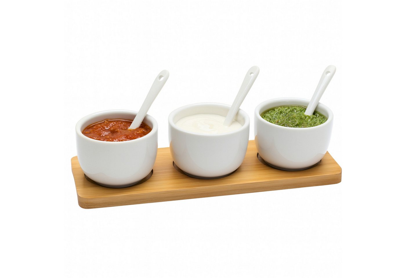 Koopman Servierschale Dipschale Soßenschale Snackschale Serviertablett Tablett 22x8x6cm, Keramik, (7-tlg), 7tlg, Inkl. Löffel, Keramik, Bambustablett, 3 Schalen von Koopman