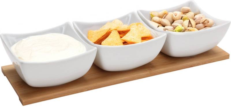 Koopman Servierschale Dipschale Soßenschale Snackschale Tablett 31 10,5 x 6,5 cm, Keramik, (4-tlg), 3 Schalen, Servieren, Keramik, Tischgedeck, Weiß von Koopman