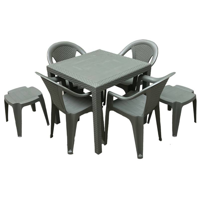 Progarden Essgruppe Gartenmöbel Sitzgruppe Balkonmöbel Terrasse Grün, (Set, 7-tlg., Tisch + 4 Stapelstühle + 2 Hocker), UV-Beständig, Robust, Wetterfest, Made in Italy, Hochwertig von Progarden