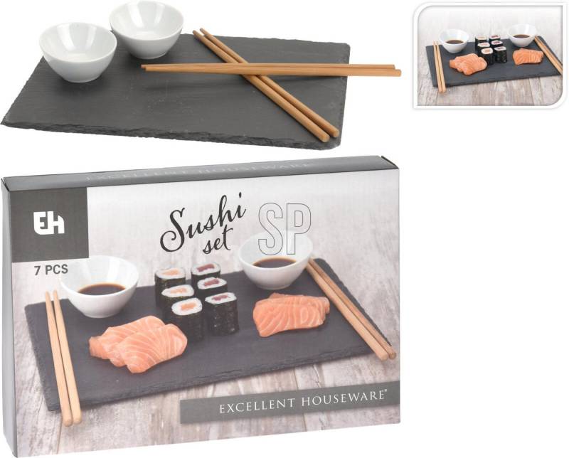 Koopman Sushiteller Grau, (7 St), 7tlg, Essstäbchen, Sushi Set, Dipschalen, Schieferteller 30x20cm von Koopman