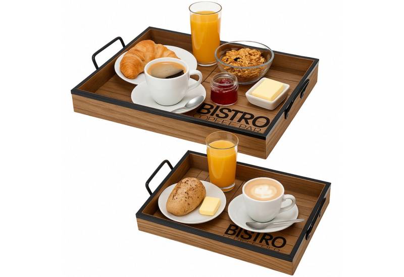 Koopman Tablett Servietablett Bistrotablett Frühstückstablett Metall Holz 2er Set, Holz, (2-tlg), 2 Größen, 40x25cm, 45x30cm, 2 Tragegriffe von Koopman