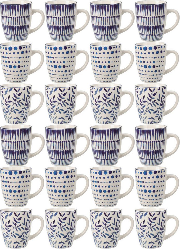 Koopman Tasse Weiß, Porzellan, 24er Set, je 200ml, Porzellan, 3 Muster, Geschirr von Koopman