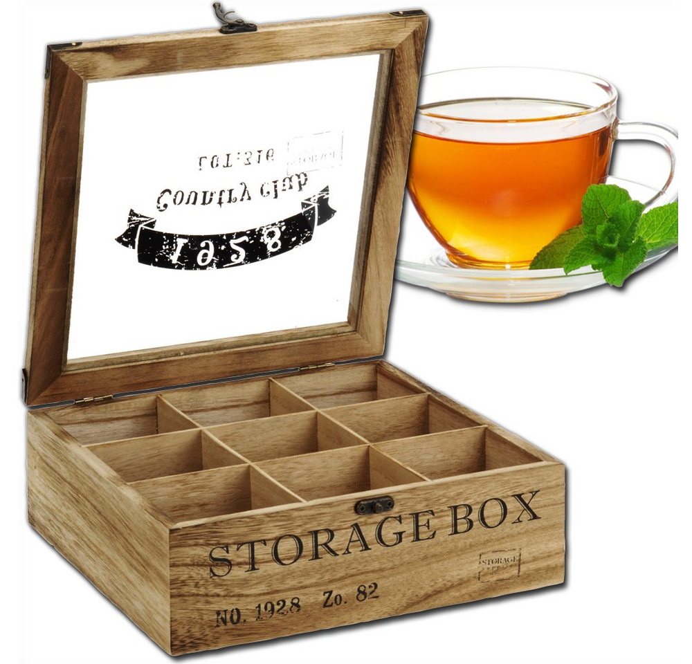 Koopman Teebox Teekiste 9 Fächer Storage Box, (Teekasten, 1-tlg., Platz für ca. 105 Teebeutel), Glasdeckel mit Schrift robuste Scharniere von Koopman