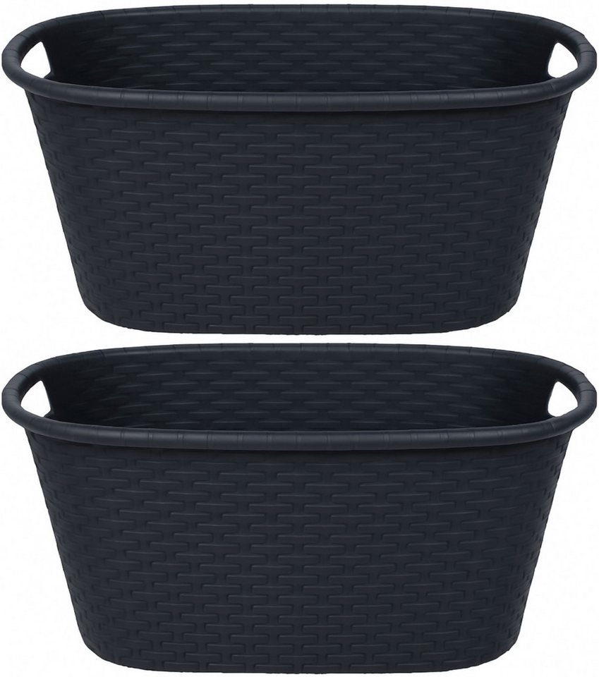 Koopman Wäschekorb Wäschebehäler Wäschesammler Transportkorb Korb 60x40x25cm (2 St), 2 Stk, Schwarz, 35 L, Rattan-Optik, 2 Tragegriffe von Koopman