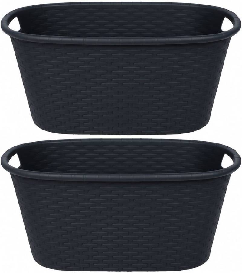 Koopman Wäschekorb Wäschebehäler Wäschesammler Transportkorb Korb 60x40x25cm (2 St), 2 Stk, Schwarz, 35 L, Rattan-Optik, 2 Tragegriffe von Koopman
