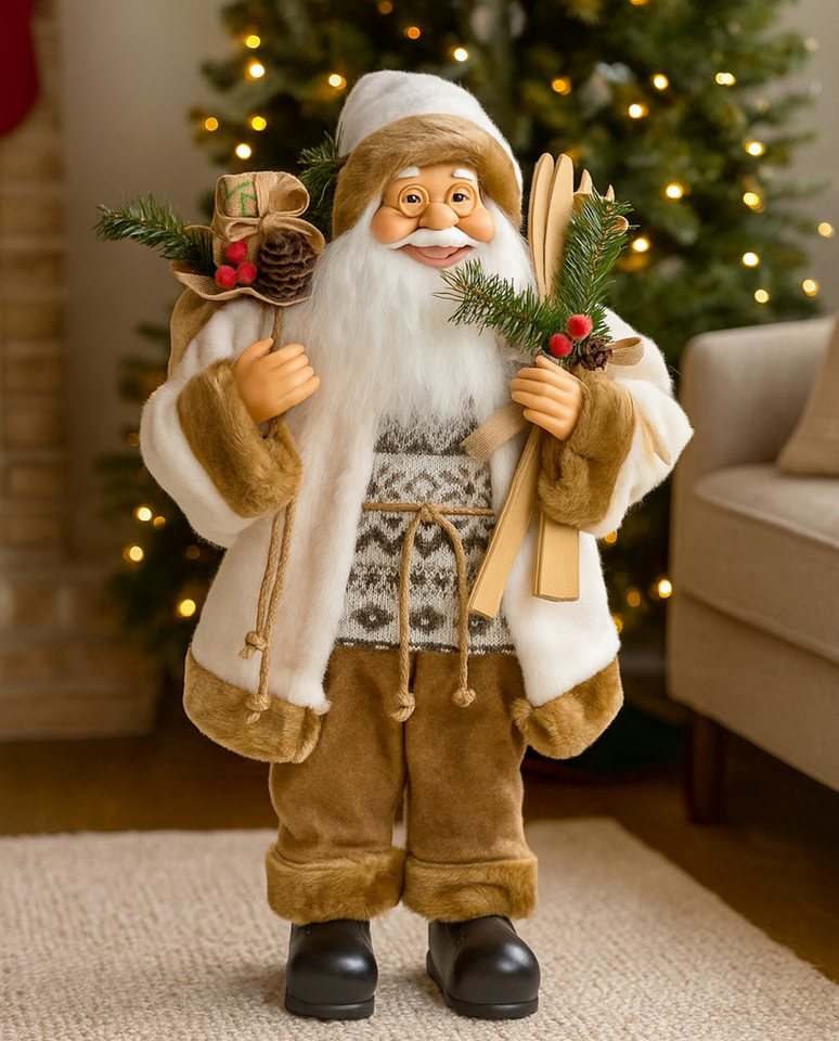 Koopman Weihnachtsmann Weihnachtsfigur Weihnachten XL 60cm Braun Polyester (1 St), 60x30x12cm, Geschenkebeutel, Detailreich, Skier, Kunststoff von Koopman