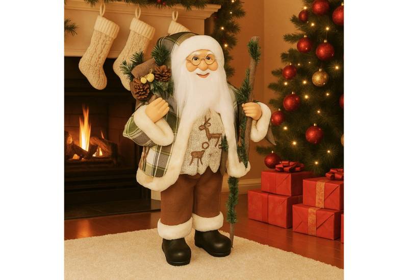 Koopman Weihnachtsmann Weihnachtsfigur Weihnachten XL 60cm Grün Polyester (1 St), 60x34x12cm, Geschenkebeutel, Kariertes Outfit, Gehstock, Kunststoff von Koopman