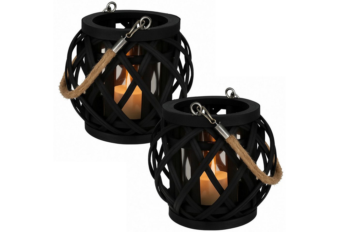 Koopman Windlicht Laterne Gartenlaterne Kerzenständer Teelichthalter Kerzenlaterne (2 St), 2 Stk, Glaseinsatz Ø 8cm, Bambus, Schwarz, Boho-Style von Koopman