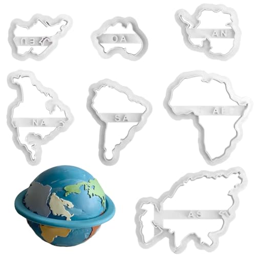 Koorium 7-teiliges Weltkarten-Form Ausstechformen-Set, Antihaftbeschichtet, Weiß, Polypropylen (PP), Nur Handwäsche, Geeignet für Kuchen, Kekse, Fondant, Ton, Geographie, Kontinente, 7 Kontinente Form von Koorium