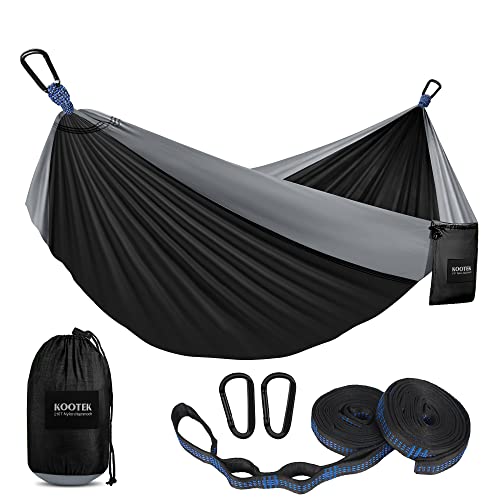 Kootek Camping-Hängematte Doppel & Einzeln Tragbare Hängematte mit 2 Baumgurten, Leichte Nylon Fallschirmhängematten für Rucksackreisen, Reisen, Strand, Hinterhof, Wandern (schwarz & grau, groß) von Kootek