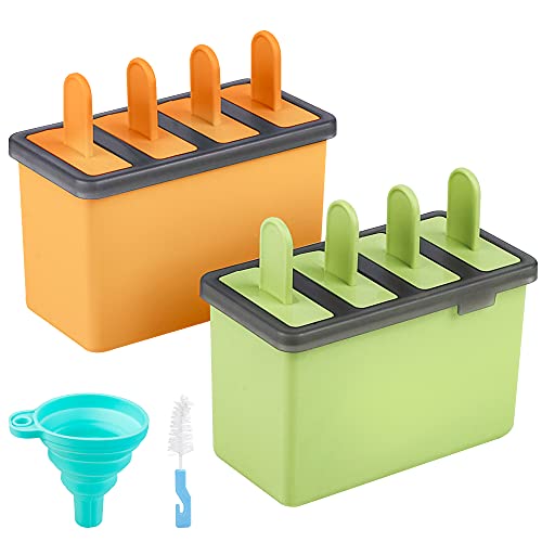 Kootek Popsicle Formen-Sets 8 Eisformen Wiederverwendbare Eiscremeform – Spülmaschinenfest, langlebig, DIY Eis Halter mit Silikontrichter, Reinigungsbürste Küchenzubehör (dunkelgrün & orange) von Kootek