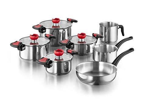 KOPF Kochtopf-Set Nelo 11-teilig aus Edelstahl I Induktions Töpfe Set mit Deckel, intelligenter Abgießhilfe & integrierter Siebfunktion I 4 Töpfe mit Glasdeckel + Pfanne, Stielkasserolle & Milchtopf von Kopf