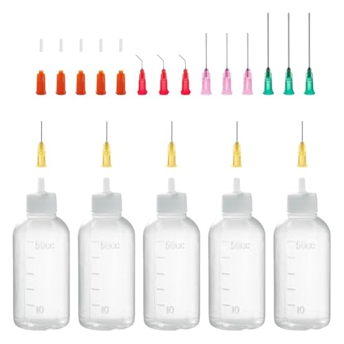 Kopinma 5 STK Nadelflaschen 50 Ml Applikatorflasche mit Präzisionsspitze, Dosierflaschen Nadelspitze Applikator Flaschen mit Nadelspitze und Kappe, Quetschflasche 18 G, 20 G, 25 G, Öltropfflasche von Kopinma