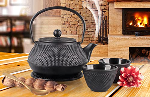 Gusseisen-Teekanne-Set mit Edelstahl-Filter und 2 Bechern plus Untersetzer | Hochwertiges Teeservice | Teeliebhaber | asiatischen Arare-Muster von Kopp Verlag
