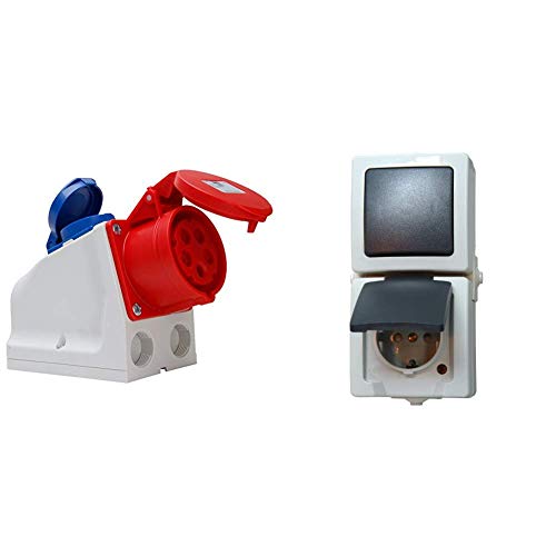 Kopp 100400005 CEE Kombiwandsteckdose, 5 und 3-polig & Nautic Steckdose und Schalter Kombination für Feuchtraum, IP44, 250V (16A), Aufputz Schutzkontakt-Steckdose mit Deckel, grau, 138556008 von Kopp