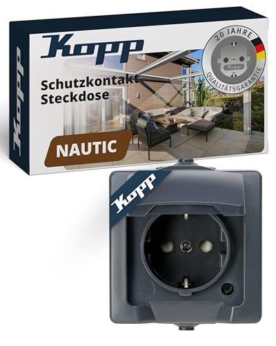 Kopp NAUTIC 1-fach Schutzkontakt-Steckdose mit Klappdeckel in Anthrazit - Sichere Aufputz-Steckdose mit erhöhtem Berührungsschutz - IP44 Feuchtraumsteckdosen-Aufputz 16A / 250V~ von Kopp