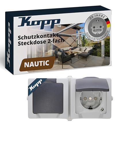 Kopp Nautic 2-fach Steckdose Aufputz für Feuchtraum mit Klapp-Deckel & Berührungsschutz I Schutzkontakt-Steckdose 16 A / 250 V / IP44 I Aufputz-Steckdose I Grau – 137056002 von Kopp