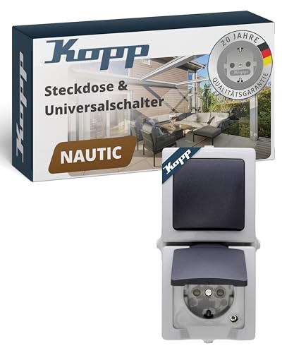 Kopp NAUTIC Wechselschalter-Steckdosen-Kombination in Grau - Sichere Aufputz-Steckdose mit Deckel & erhöhtem Berührungsschutz - Senkrechter IP44 Feuchtraum-Aufputz-Schalter mit Steckdose 16A / 250V~ Kopp NAUTIC Wechselschalter-Steckdosen-Kombination in Grau - Sichere Aufputz-Steckdose mit Deckel & erhöhtem Berührungsschutz - Senkrechter IP44 Feuchtraum-Aufputz-Schalter mit Steckdose 16A / 250V~ von Kopp