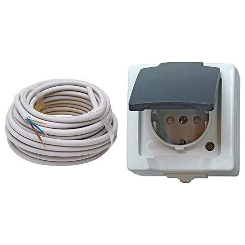 Kopp 150810841 NYM-J 3 x 1,5 mm² Feuchtraum-Kabel, 10 m-Ring & 107856005 Nautic Steckdose für Feuchtraum, 250 V, grau von Kopp