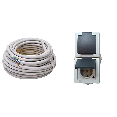 Kopp 150810841 NYM-J 3 x 1,5 mm² Feuchtraum-Kabel, 10 m-Ring & 136956008 Nautic Steckdose für Feuchtraum, 250 V, grau von Kopp