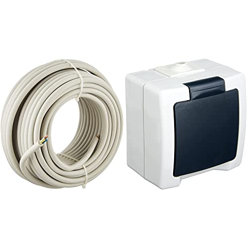 Kopp 150825001 NYM-J 3 x 1,5 mm² Feuchtraum-Kabel, 25 m-Ring & 107856005 Nautic Steckdose für Feuchtraum, 250 V, grau von Kopp