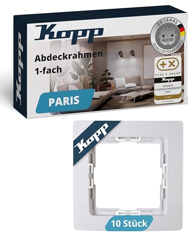 Kopp PARIS 1-fach Abdeckrahmen in Arktis-Weiß - 10 Stück - 83 x 83 x 9,5 mm - Rahmen für Steckdosen & Schalter - Stilvoller Steckdosenrahmen aus Kunststoff - Hochwertiger Lichtschalter-Rahmen von Kopp