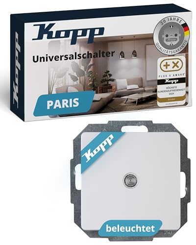 Kopp PARIS Universalschalter beleuchtet in Arktis-Weiß - Lichtschalter-Unterputz mit 10AX Schaltvermögen - Hochwertiger IP20 Schalter mit Steckklemmen - Stilvoller Wechselschalter-Unterputz 250V~ von Kopp